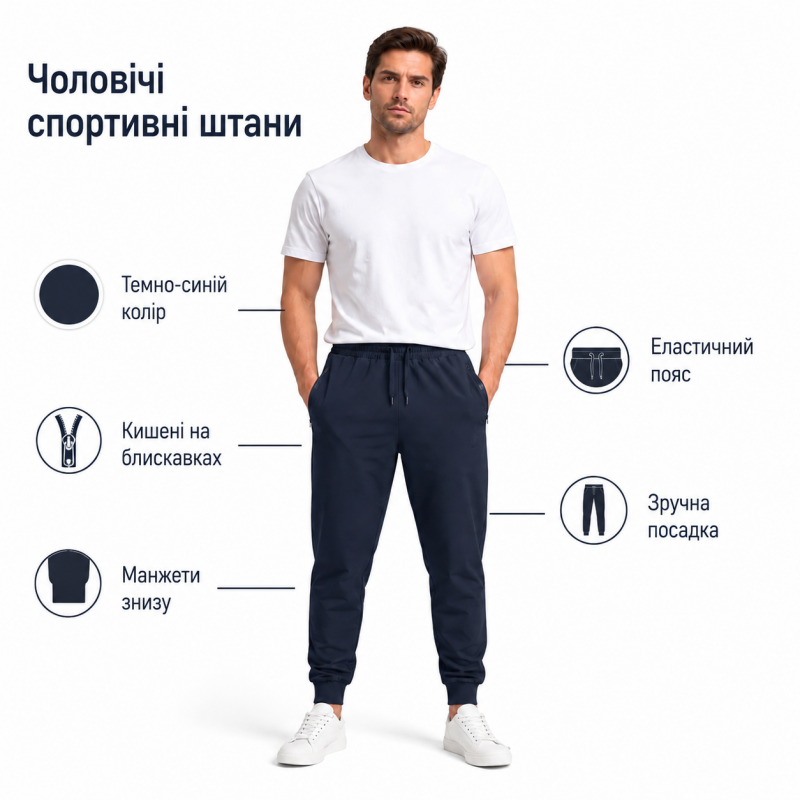 Спортивні штани Lonn чоловічі з манжетом - полірована бавовна, 3 кишені на блискавці, XX, Темно-синій