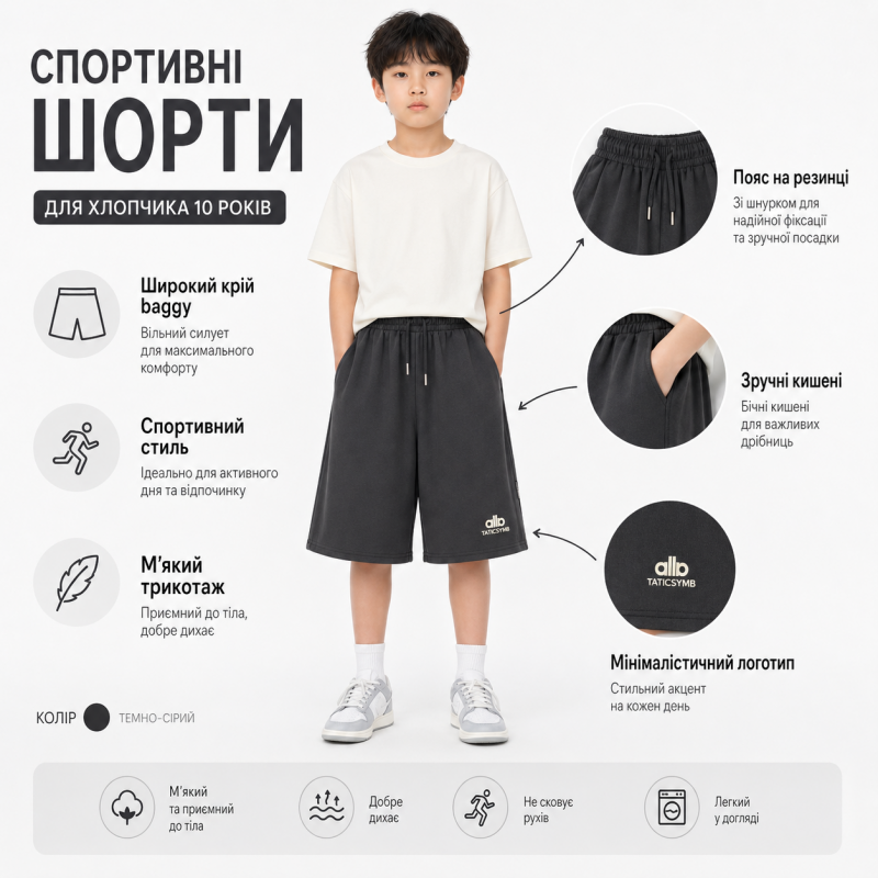Шорти KDBB для підлітка 10-15 років широкі спортивні баггі трикотажні, 146, Графіт