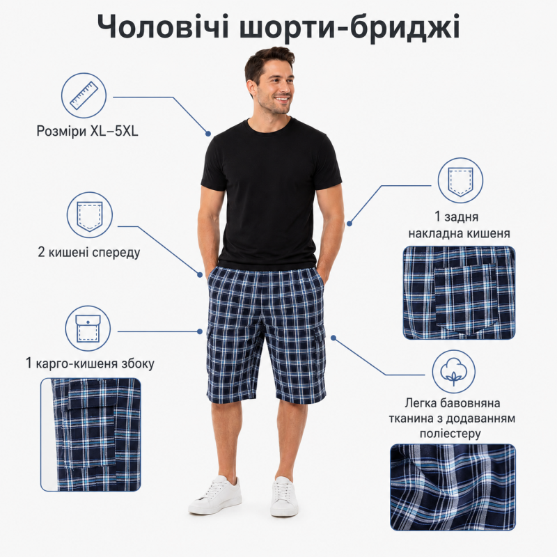 Чоловічі бриджі Sport в клітинку XL-5XL - легкі шорти з карго кишенею,Синій з блакитним, XXL