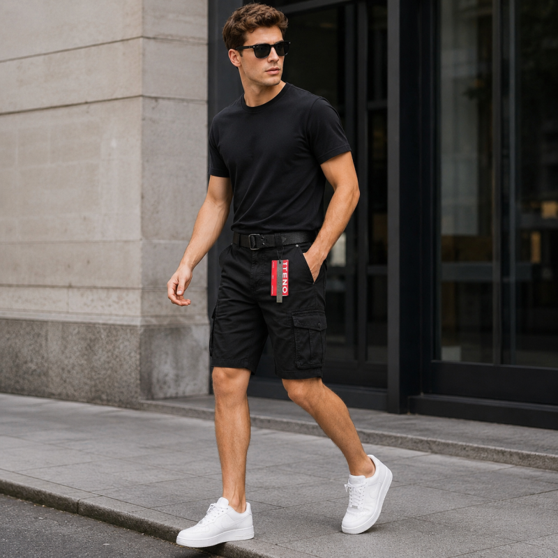 Шорти карго ITENO чоловічі літні бавовняні з накладними кишенями та ременем, 30, Чорний