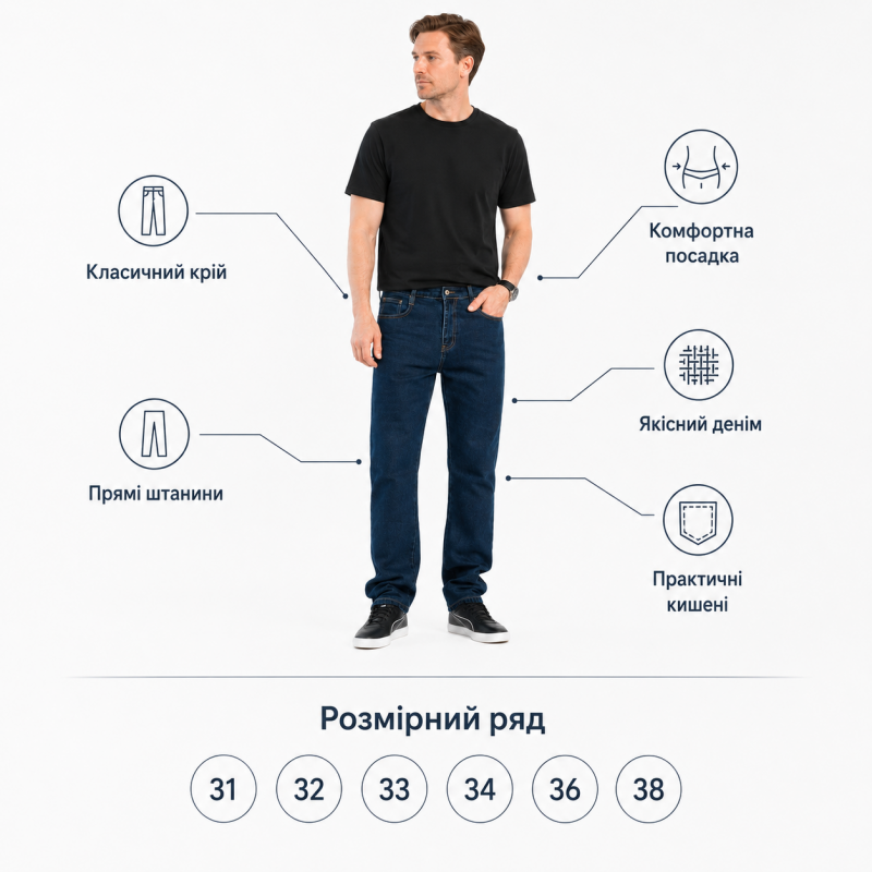 Джинси чоловічі BaSanJiu прямі — темно-синій денім, розміри 31-38, 31 Темно-синій