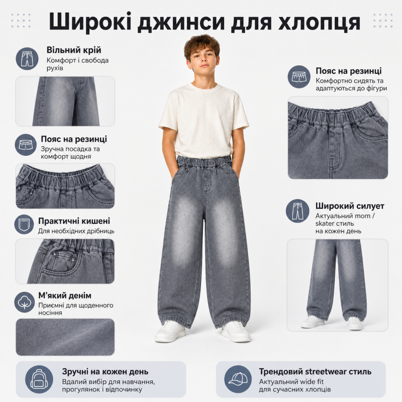 Широкі джинси скейтер YZTH для хлопчика-підлітка 12-17 років,Сірий 164