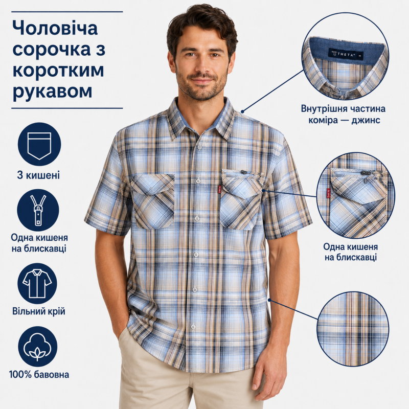 Чоловіча сорочка Gold Golf Man в клітинку зі 100% бавовни з коротким рукавом, XL, Блакитний з бежевим