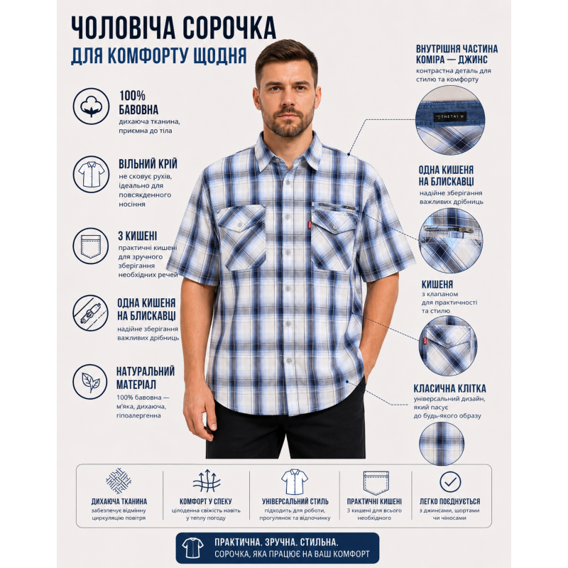 Чоловіча сорочка Gold Golf Man в клітинку зі 100% бавовни з коротким рукавом, 5XL, Білий з синім