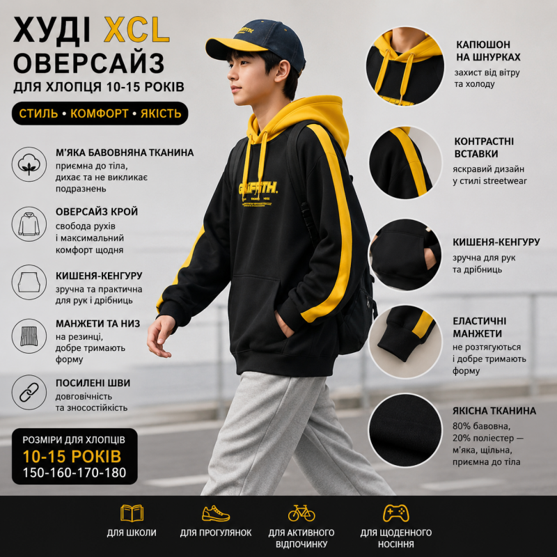Худі XCL оверсайз для хлопчика 10-15 років зі смугою,Чорний, 164