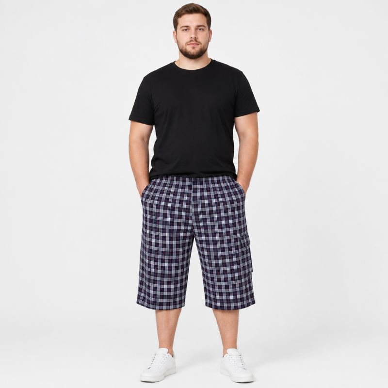 Чоловічі бриджі Sport в клітинку XL-5XL — легкі шорти з карго кишенею, Темно-синій з червоним, XXL