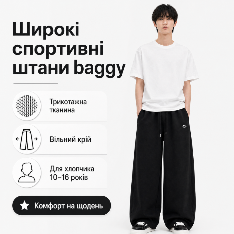Штани спортивні XIN.QD baggy для хлопчика 10-15 років широкі підліткові, Чорний, 140