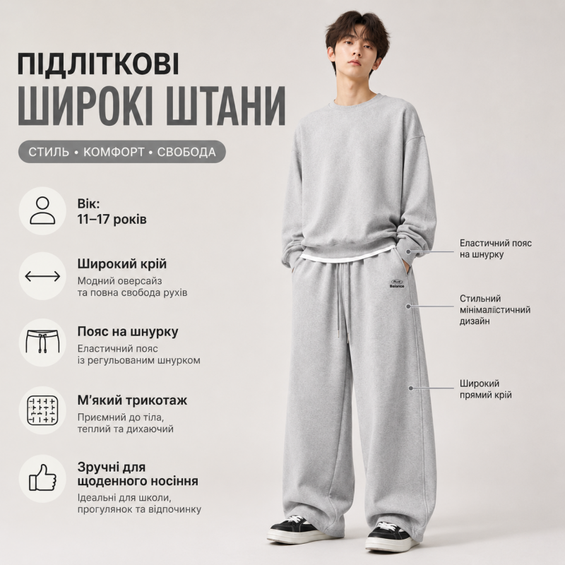Штани спортивні GMWL для хлопчика підлітка baggy широкі 10-17 років,Сірий, 164