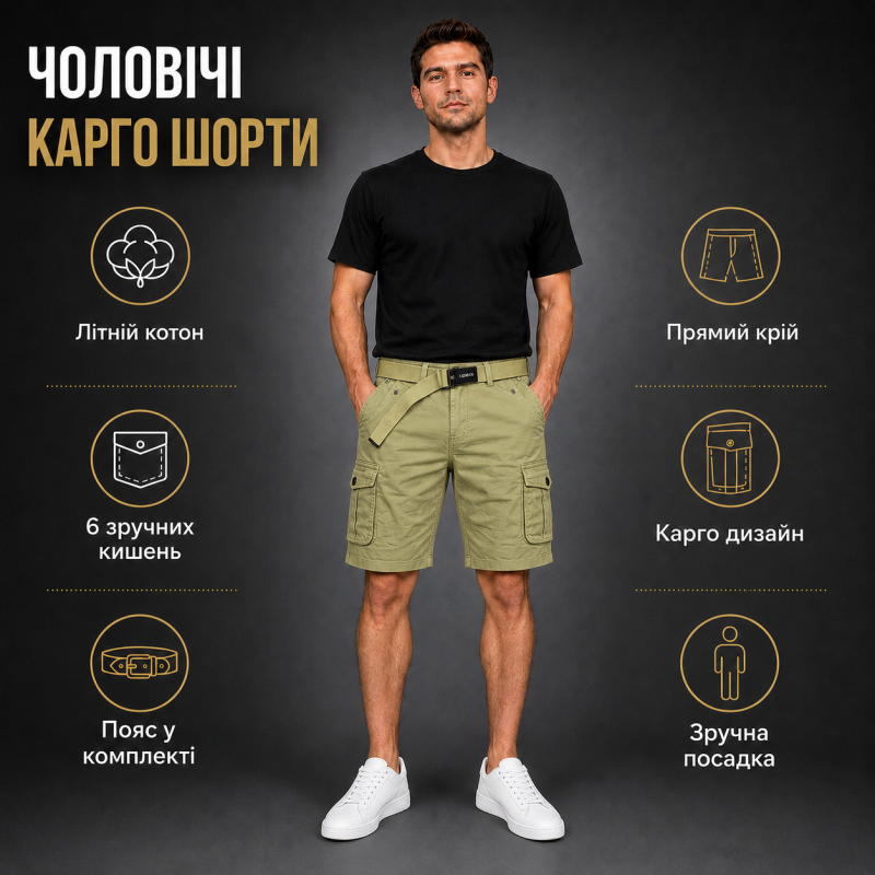 Чоловічі шорти Lionesa карго з ременем — літні шорти коттонові з 6 кишенями,38, Оливковий
