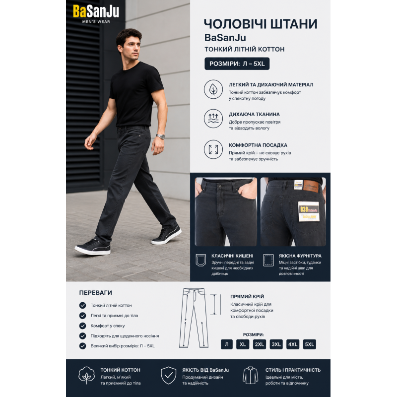 Чоловічі літні брюки BaSanJiu із тонкого котону великі розміри,33 Графіт