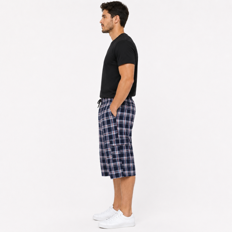 Чоловічі бриджі Sport в клітинку XL-5XL - легкі шорти з карго кишенею,Синій з червоним, XXL