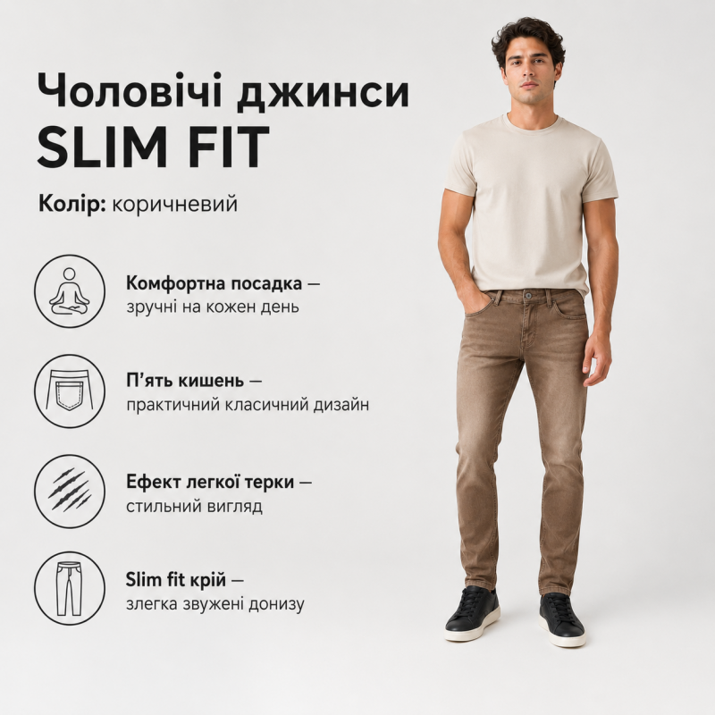 Чоловічі джинси CDEVOIR slim fit звужені, 38, Коричневий