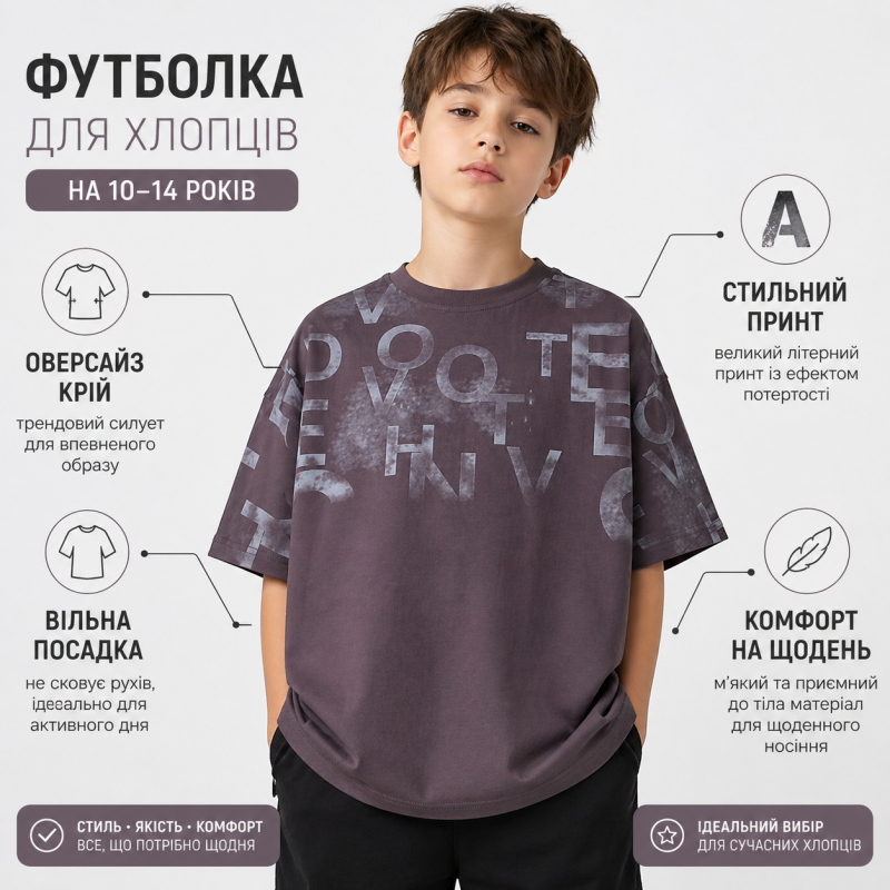 Футболка оверсайз Qilizai для хлопчика 9-15 років з літерами та написами підліткова, Темний шоколад, 146