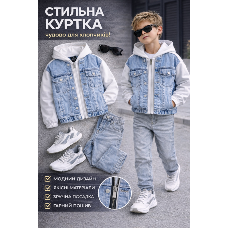 Джинсова куртка для хлопчика Happy House 7-16 років з трикотажними рукавами,158-164, Білий