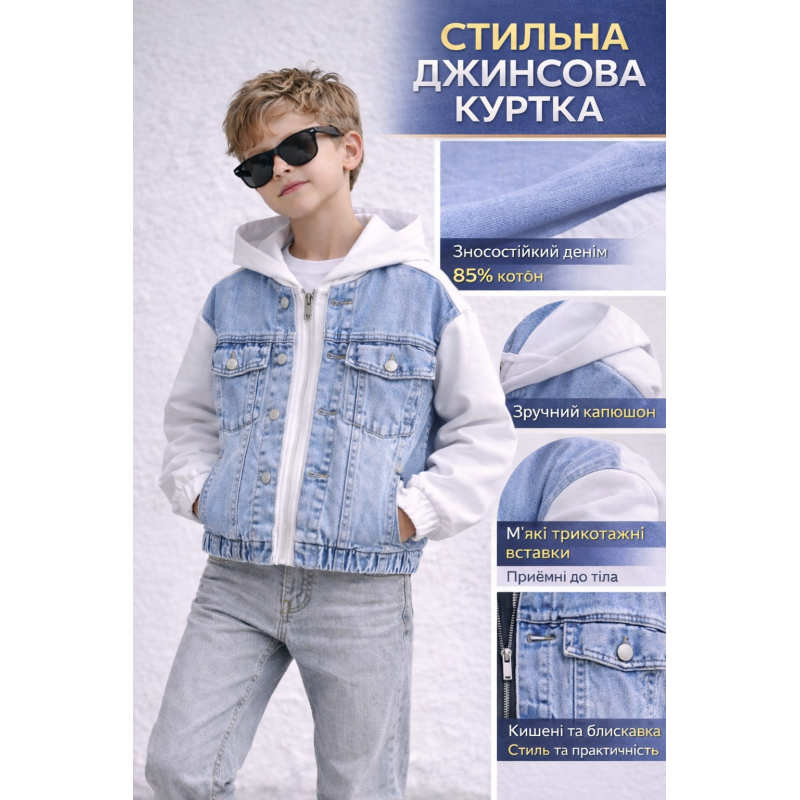 Джинсова куртка для хлопчика Happy House 7-16 років з трикотажними рукавами,122-128, Білий