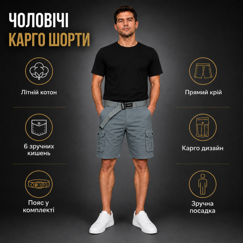 Чоловічі шорти Lionesa карго з ременем — літні шорти коттонові з 6 кишенями,32, Сірий