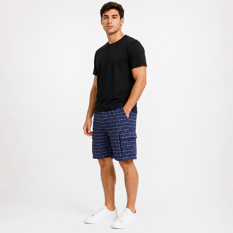 Шорти чоловічі Sport в клітинку 2XL-6XL — літні карго шорти на резинці, Темно-синій, XXXL