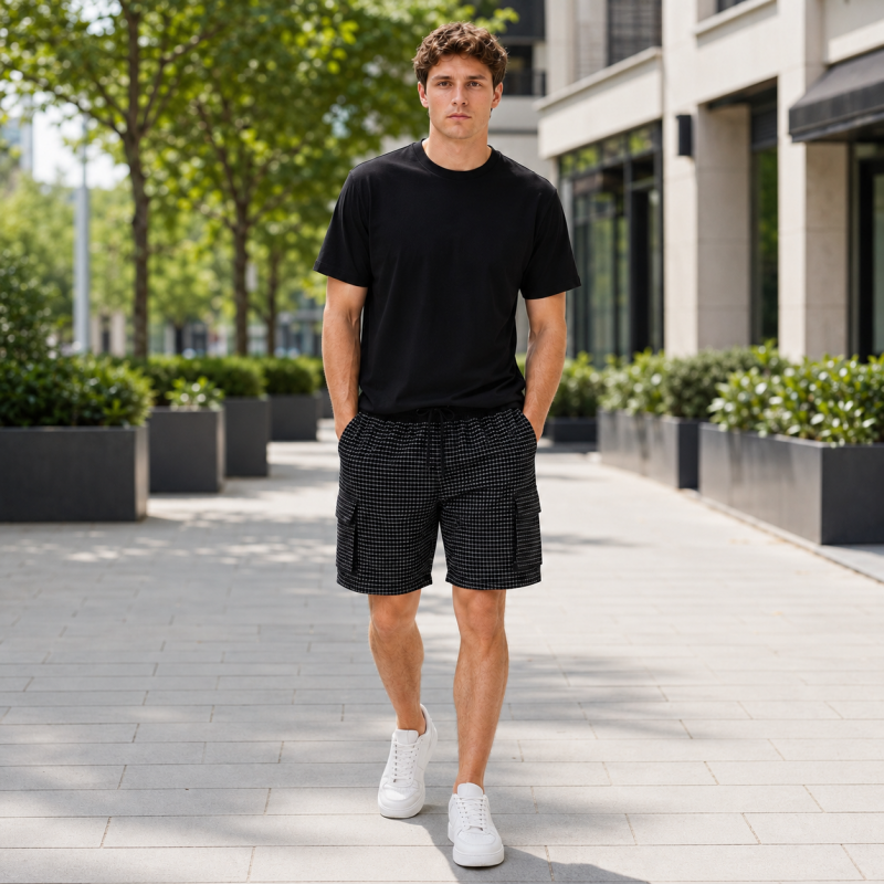 Шорти чоловічі Sport в клітинку 2XL-6XL - літні карго шорти на резинці, Чорний, 6XL
