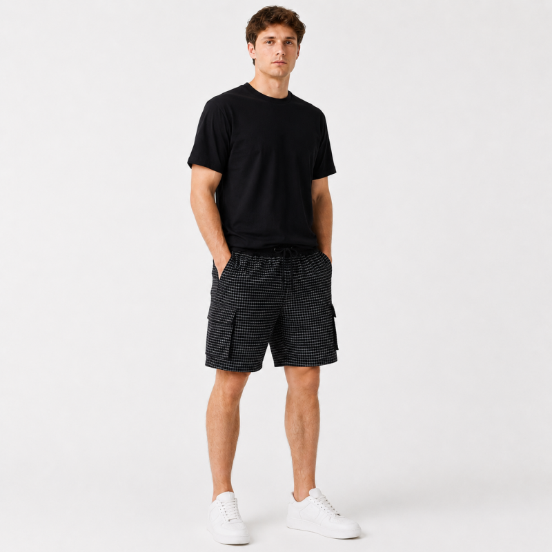 Шорти чоловічі Sport в клітинку 2XL-6XL - літні карго шорти на резинці,Чорний, 5XL