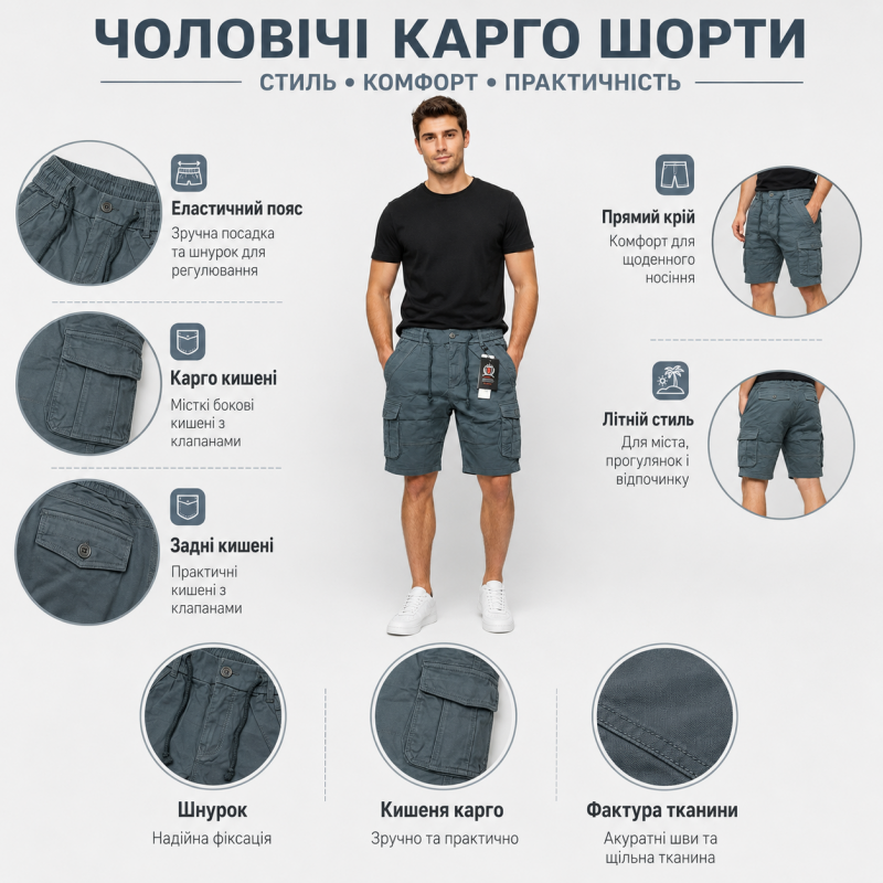 Чоловічі шорти Iteno Lionesa карго на гумці — літня модель з кишенями,34, Графітний вінтаж