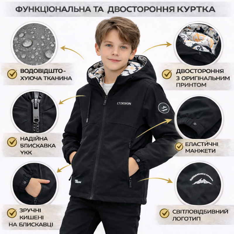 Куртка демісезонна двостороння Happy House для хлопчика 5-14 років легка водонепроникна куртка дитяча,Чорний, 110-116
