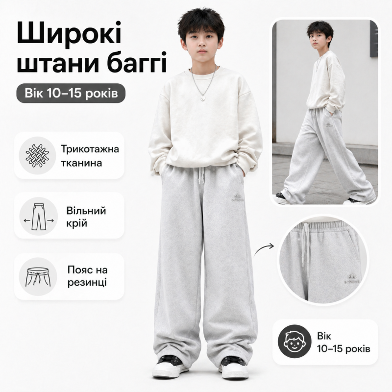 Штани спортивні XIN.QD baggy для хлопчика 10-15 років широкі підліткові,Сірий, 152