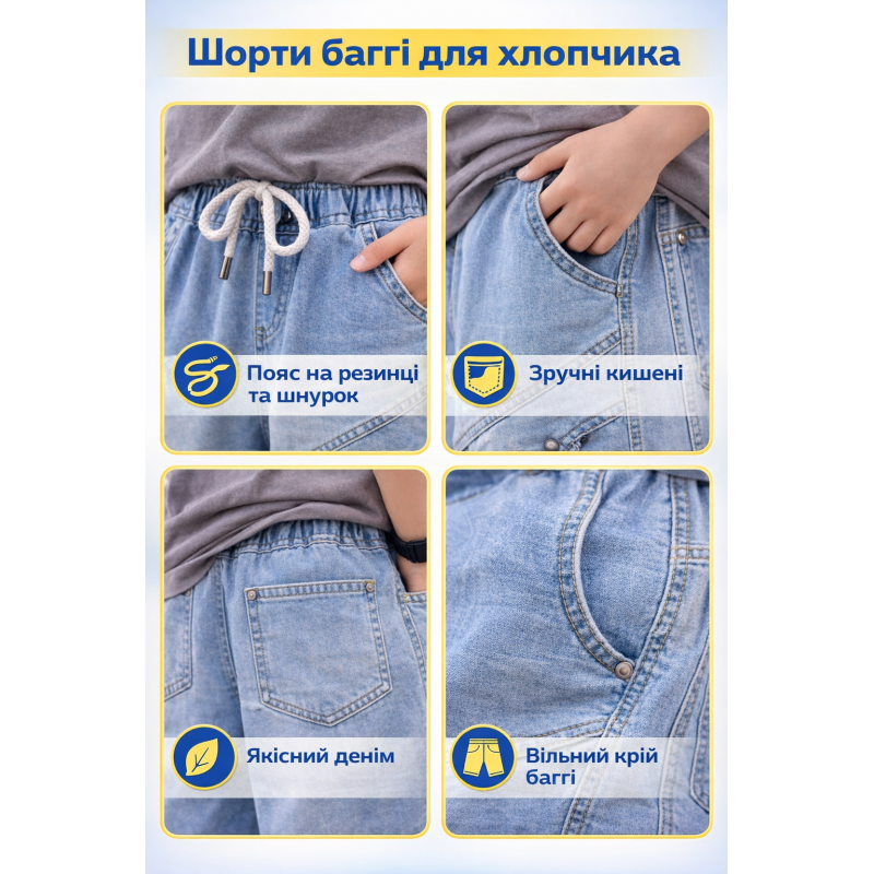 Джинсові шорти карго для хлопчика Banzai X баггі широкі підліткові на літній гумці,160, Блакитний