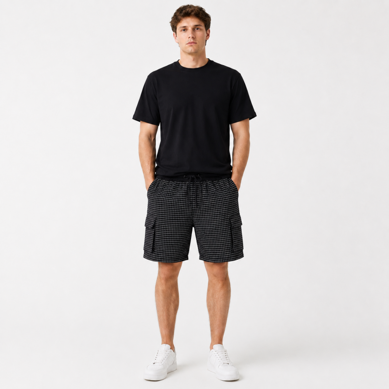 Шорти чоловічі Sport в клітинку 2XL-6XL - літні карго шорти на резинці,Чорний, 4XL