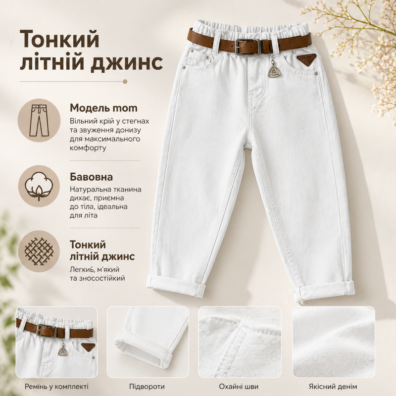 Джинси mom DDXP-Kids для хлопчиків та дівчаток 10-17 років тонкі літні на резинці, Білий, 160