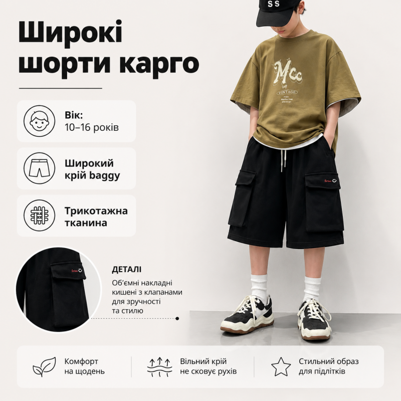 Шорти карго GMWL для хлопчика 10-16 років широкі баггі трикотаж, 164, Чорний