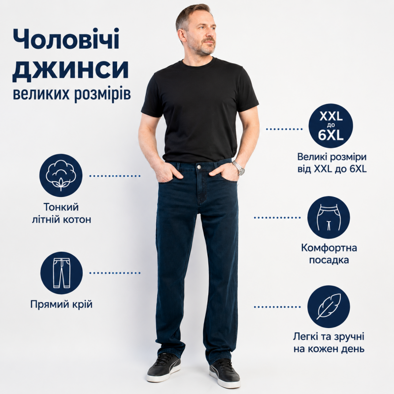 Джинси BaSanJiu чоловічі 34-44 літні коттонові великі розміри, 34, Темно-синій