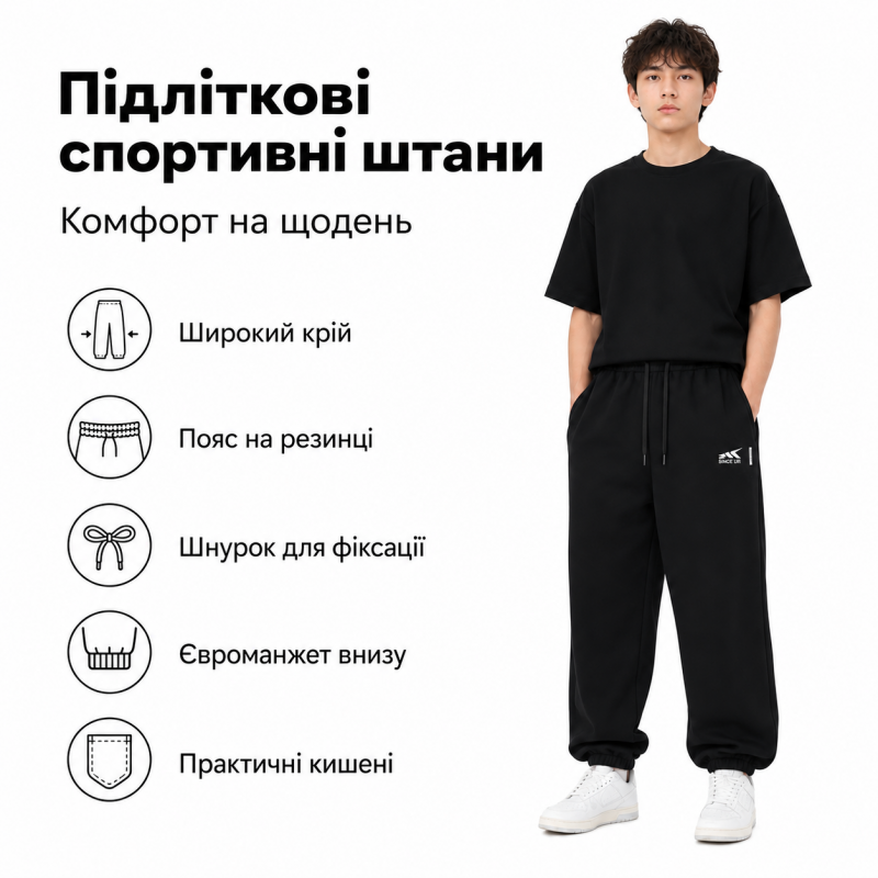 Спортивні штани KDBB баггі-джогери для хлопчика 11-17 років з євроманжетом, Чорний, 160