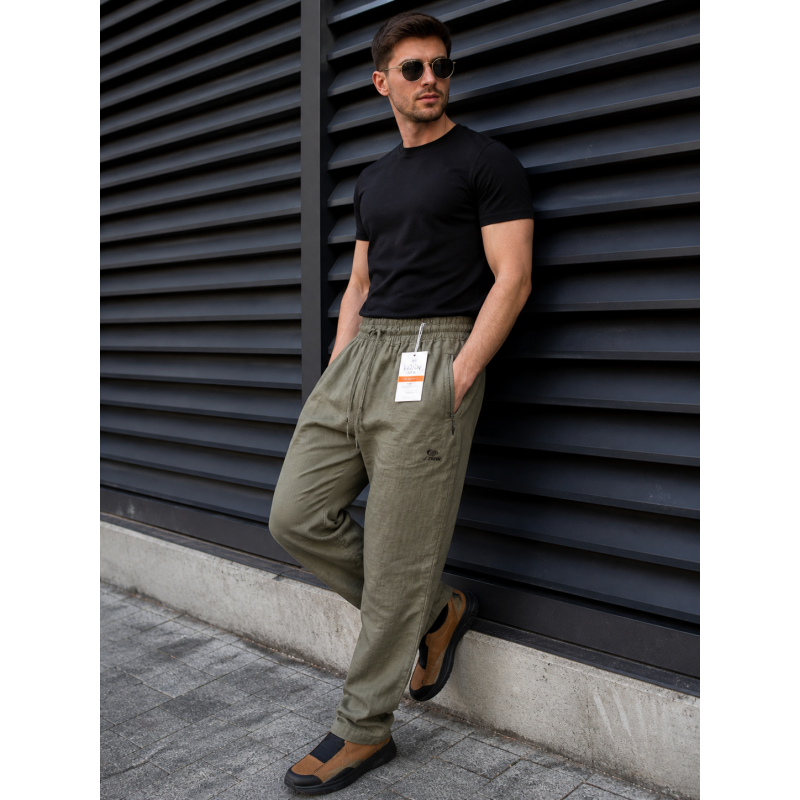Штани Lonn чоловічі лляні XL-6XL літні рівні на резинці, XL, Хакі
