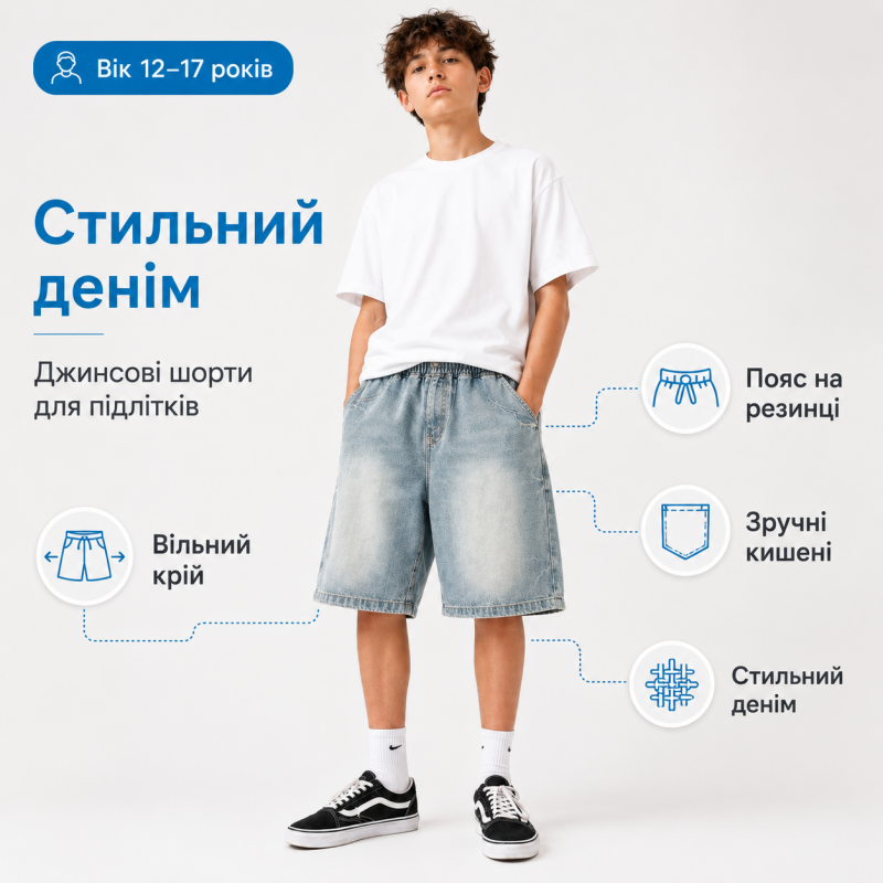 Джинсові шорти Q-Bufan для хлопчика підлітка baggy широкі 12-17 років, 170, Блакитний