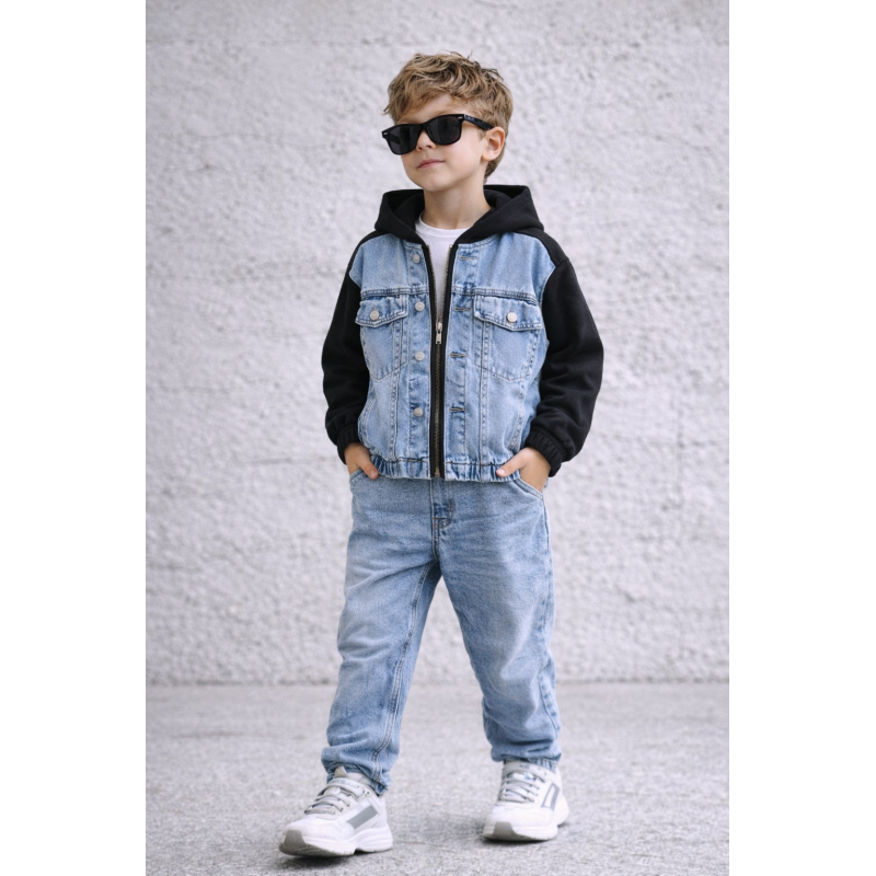 Джинсова куртка для хлопчика Happy House 7-16 років з трикотажними рукавами,134-140, Чорний