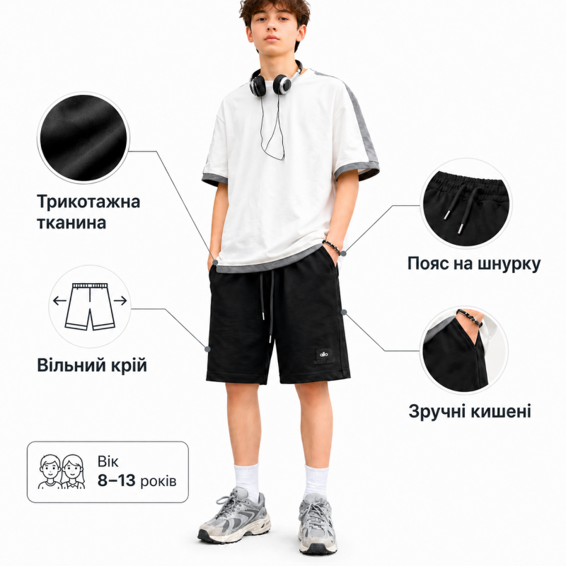 Шорти ABC для хлопчика 8-13 років спортивні трикотажні дитячі, 134, Чорний