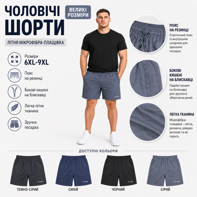 Чоловічі шорти Fore великих розмірів з літньої мікрофібри-плащової тканини,Сірий, 9XL