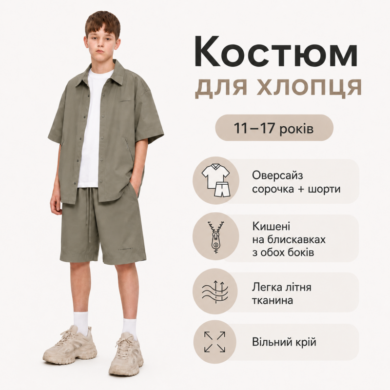 Костюм Q-Bufan для хлопчика 11-17 років - оверсайз сорочка з шортами з мікрофібри холодок,Оливковий 170