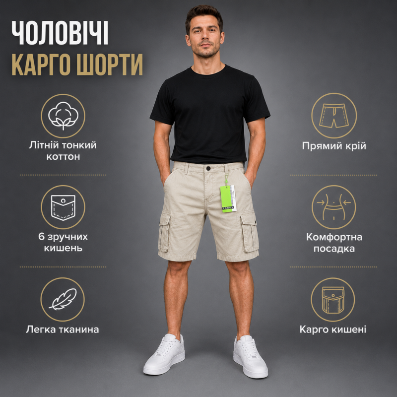 Чоловічі шорти Forex карго — літні шорти коттонові з накладними кишенями,30, Пісочний