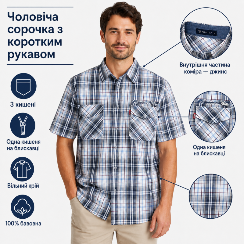 Чоловіча сорочка Gold Golf Man в клітинку зі 100% бавовни з коротким рукавом, XXXL, Білий з сірим