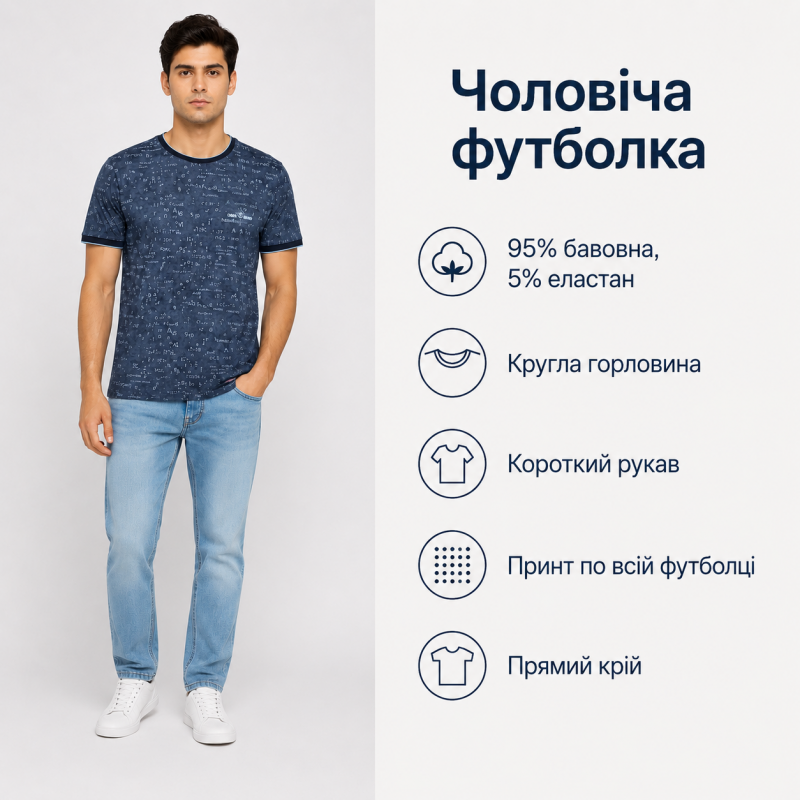 Футболка чоловіча Gaballi бавовна 95% еластан 5% - повномірна модель Туреччина,L,Темно-синій з бірюзовим