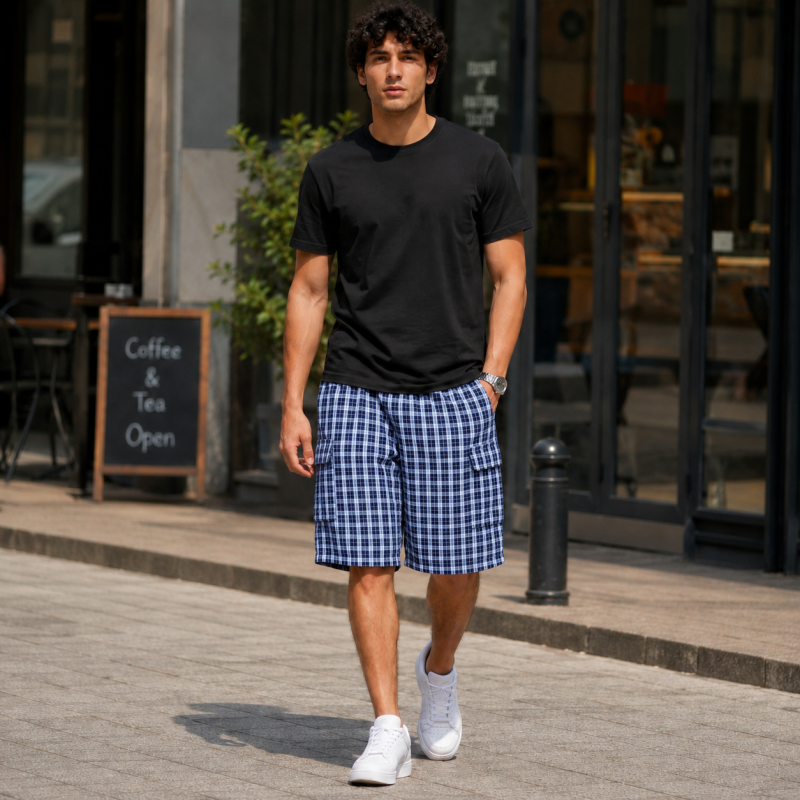 Шорти чоловічі Sport в клітинку 2XL-6XL — літні карго шорти на резинці, Синій з блакитним, XXXL