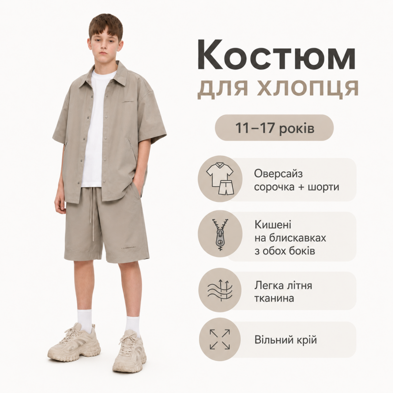 Костюм Q-Bufan для хлопчика 11-17 років - оверсайз сорочка з шортами з мікрофібри холодок,Бежевий 170
