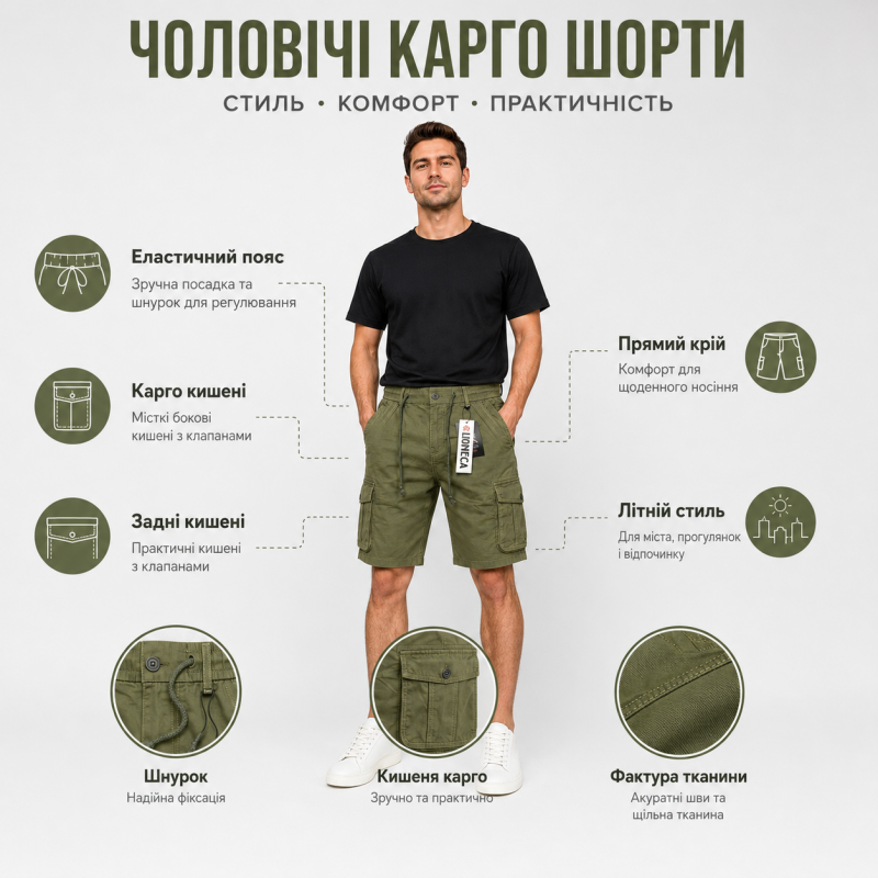 Чоловічі шорти Iteno Lionesa карго на гумці - літня модель з кишенями,34, Хакі