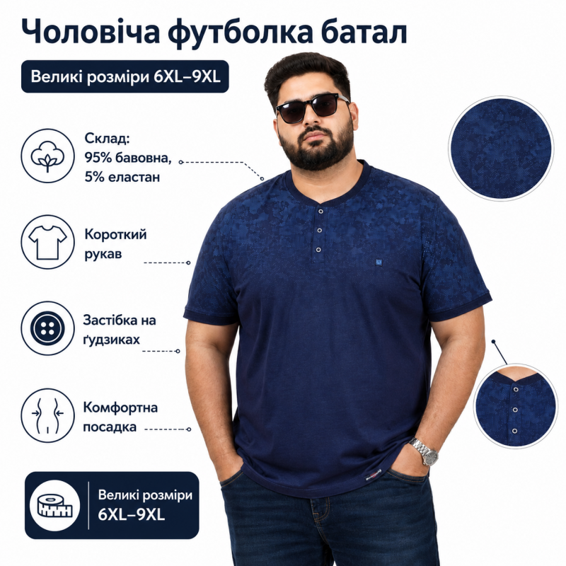 Футболка Red Down чоловіча 6XL-9XL великого розміру бавовна еластан, 6XL, Синій