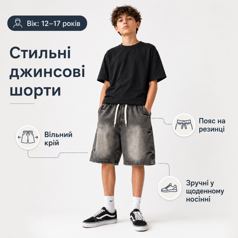 Джинсові шорти Q-Bufan для хлопчика підлітка baggy широкі 12-17 років, 152, Сірий