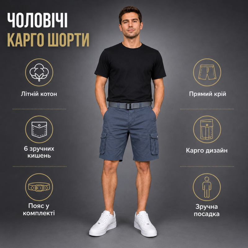 Чоловічі шорти Lionesa карго з ременем — літні шорти коттонові з 6 кишенями,36, Графітовий вінтаж