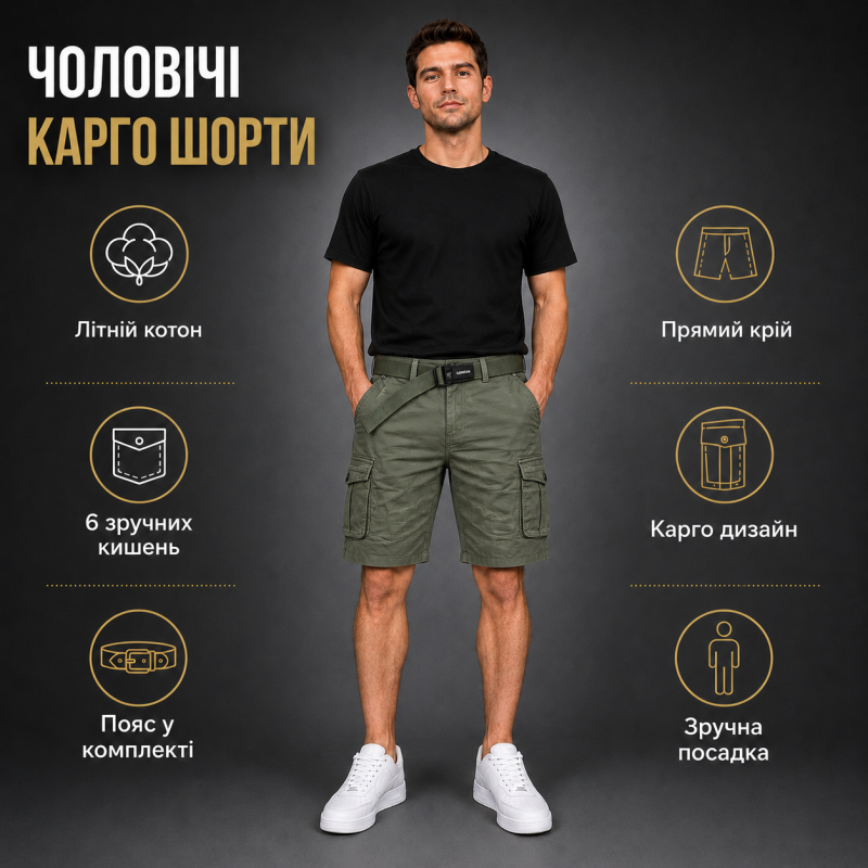 Чоловічі шорти Lionesa карго з ременем - коттонові літні шорти з 6 кишенями,34, Хакі