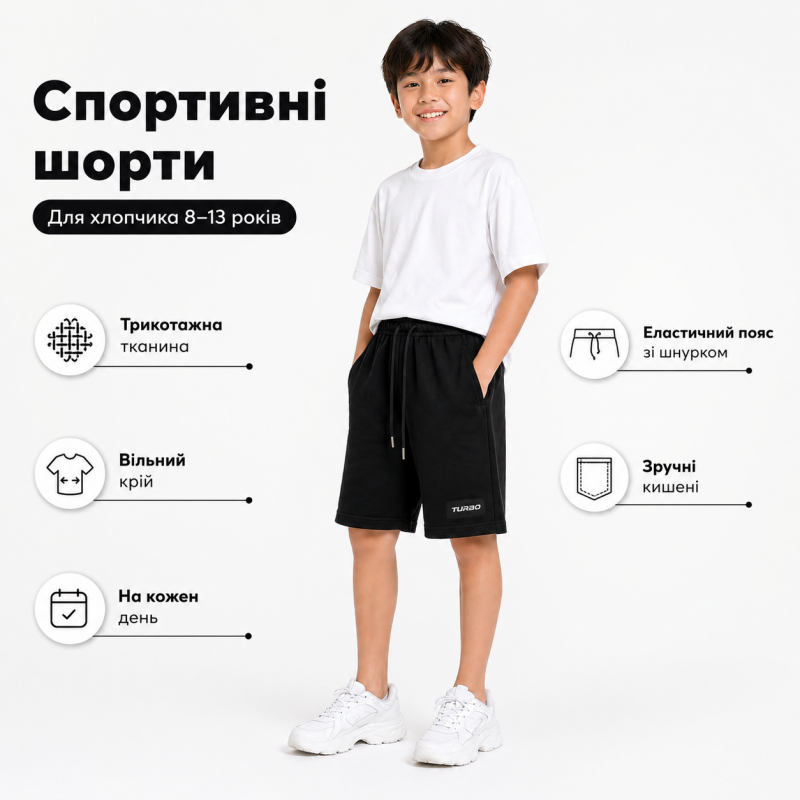 Спортивні шорти ABC для підлітка 9-13 років трикотажні на гумці, 152, Чорний