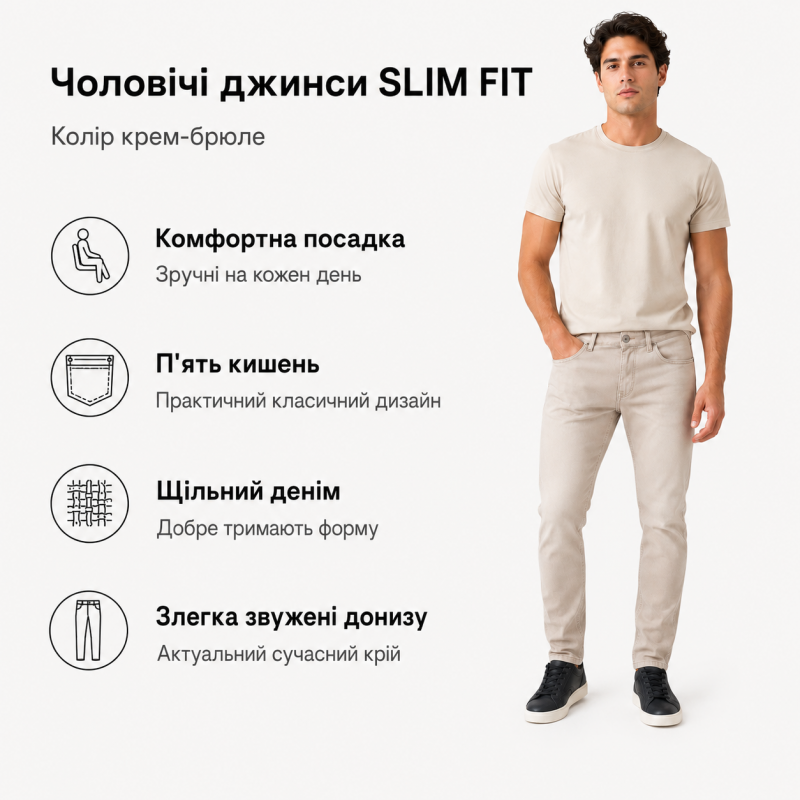 Чоловічі джинси CDEVOIR slim fit звужені, 38, Бежевий
